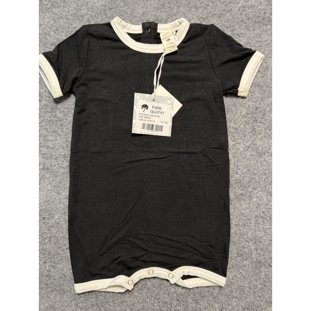 NWT Kate Quinn Short Sleeve Ringer Shortie 12-18m Coal Heather Pointelle Romper